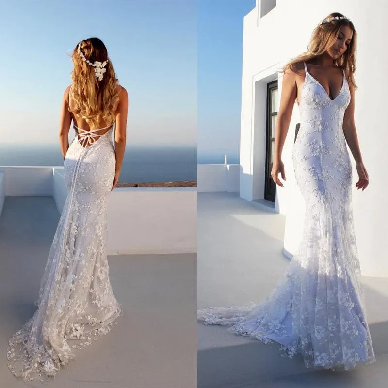 V-Neck Crisscross Tied Backless Floral Lace Wedding Dress