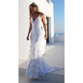 V-Neck Crisscross Tied Backless Floral Lace Wedding Dress
