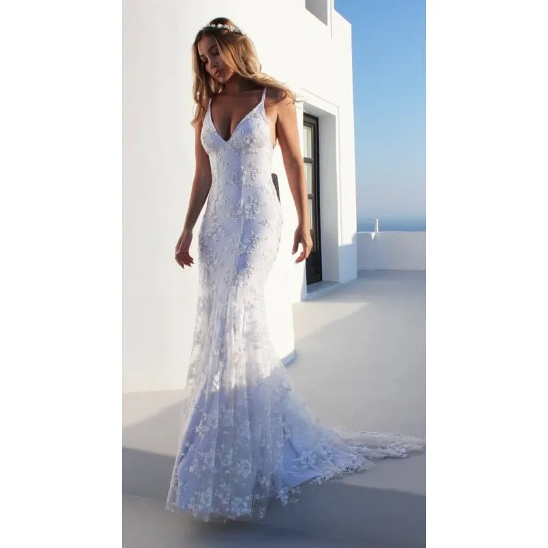 V-Neck Crisscross Tied Backless Floral Lace Wedding Dress