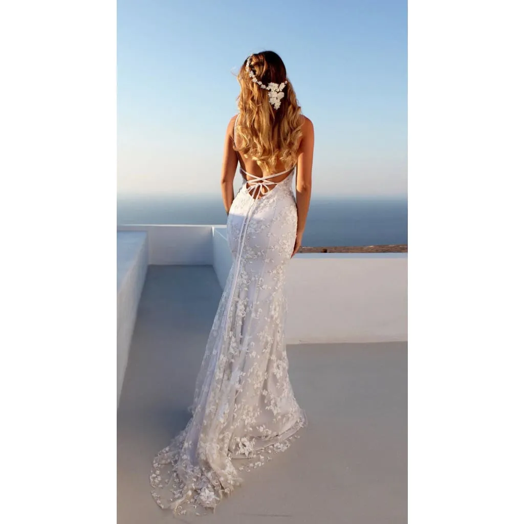 V-Neck Crisscross Tied Backless Floral Lace Wedding Dress