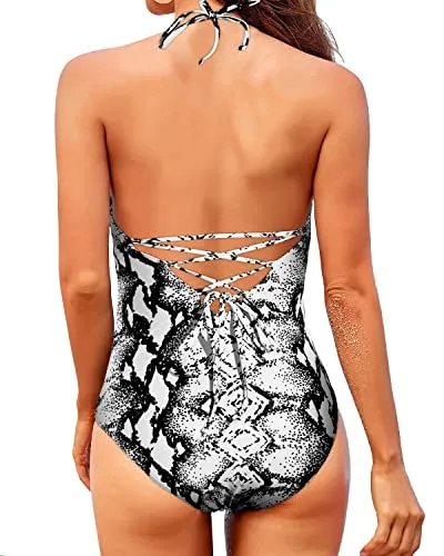 V Neck Halter One Piece Swimsuit For Women Tummy Control Swimsuits-Black And White Snake Print