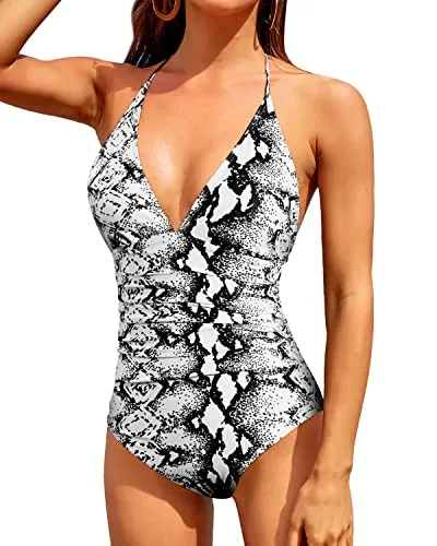 V Neck Halter One Piece Swimsuit For Women Tummy Control Swimsuits-Black And White Snake Print