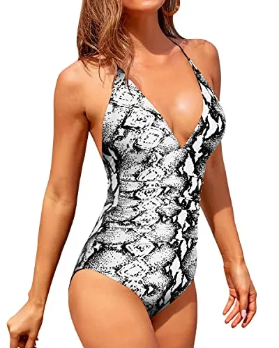 V Neck Halter One Piece Swimsuit For Women Tummy Control Swimsuits-Black And White Snake Print