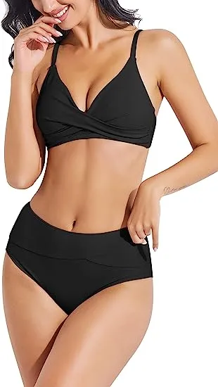 V-Neck High-Waisted Bikini Set: Two-Piece Twist Front Swimwear