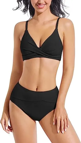V-Neck High-Waisted Bikini Set: Two-Piece Twist Front Swimwear