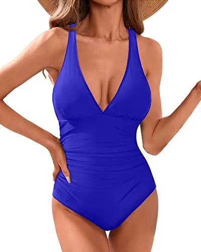 V Neck Slimming Bathing Suit Sexy Criss Cross Back Ruched Swimwear-Royal Blue