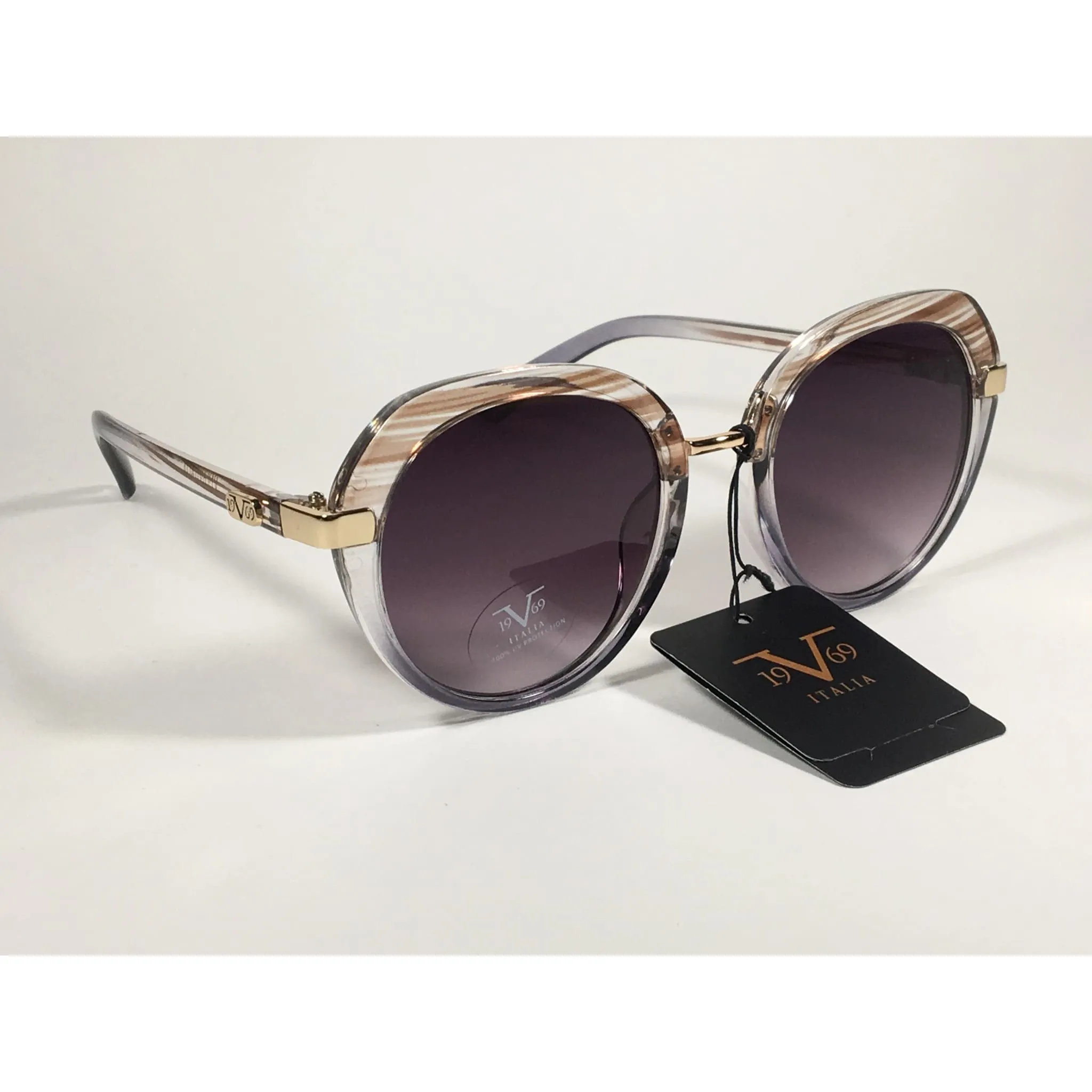 Versace 19V69 Italia Matilda Round Sunglasses Gray Brown Clear Plastic Frame Smoke Gradient Lens