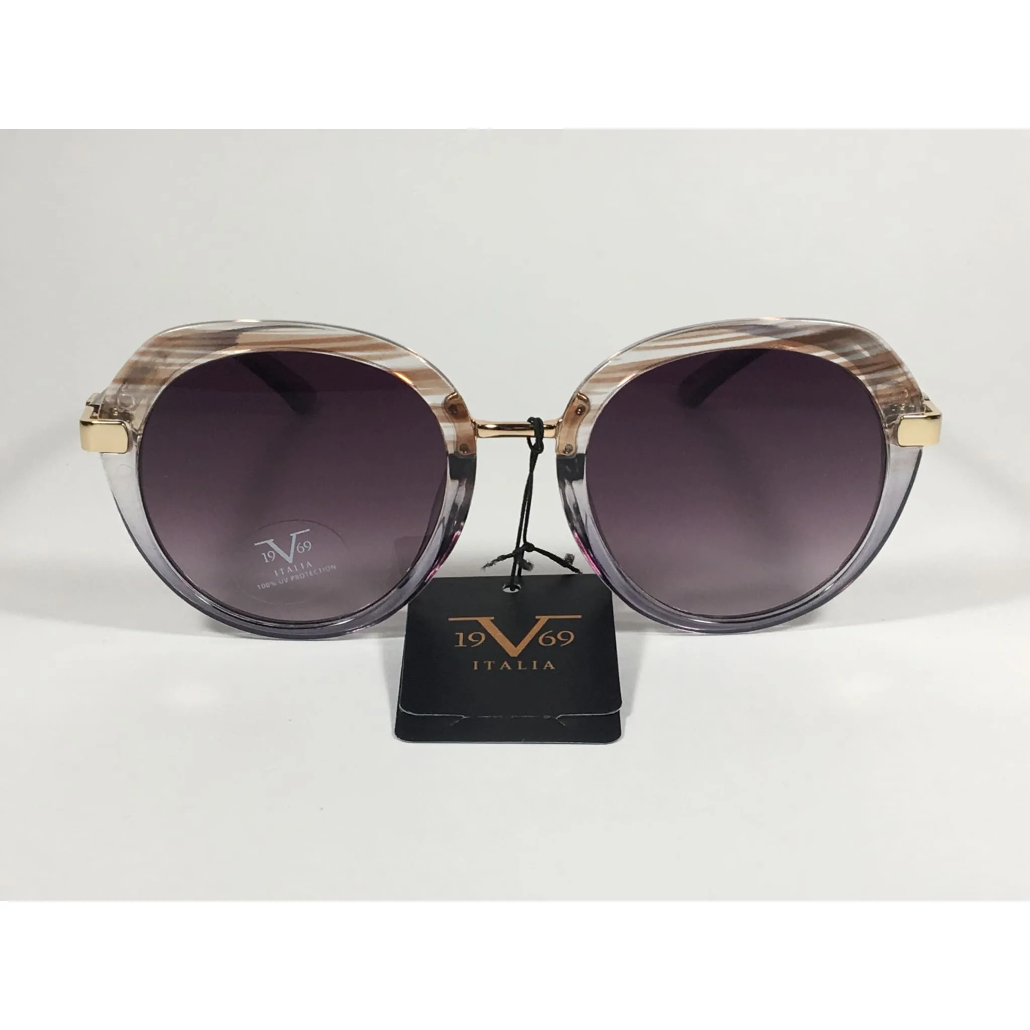 Versace 19V69 Italia Matilda Round Sunglasses Gray Brown Clear Plastic Frame Smoke Gradient Lens