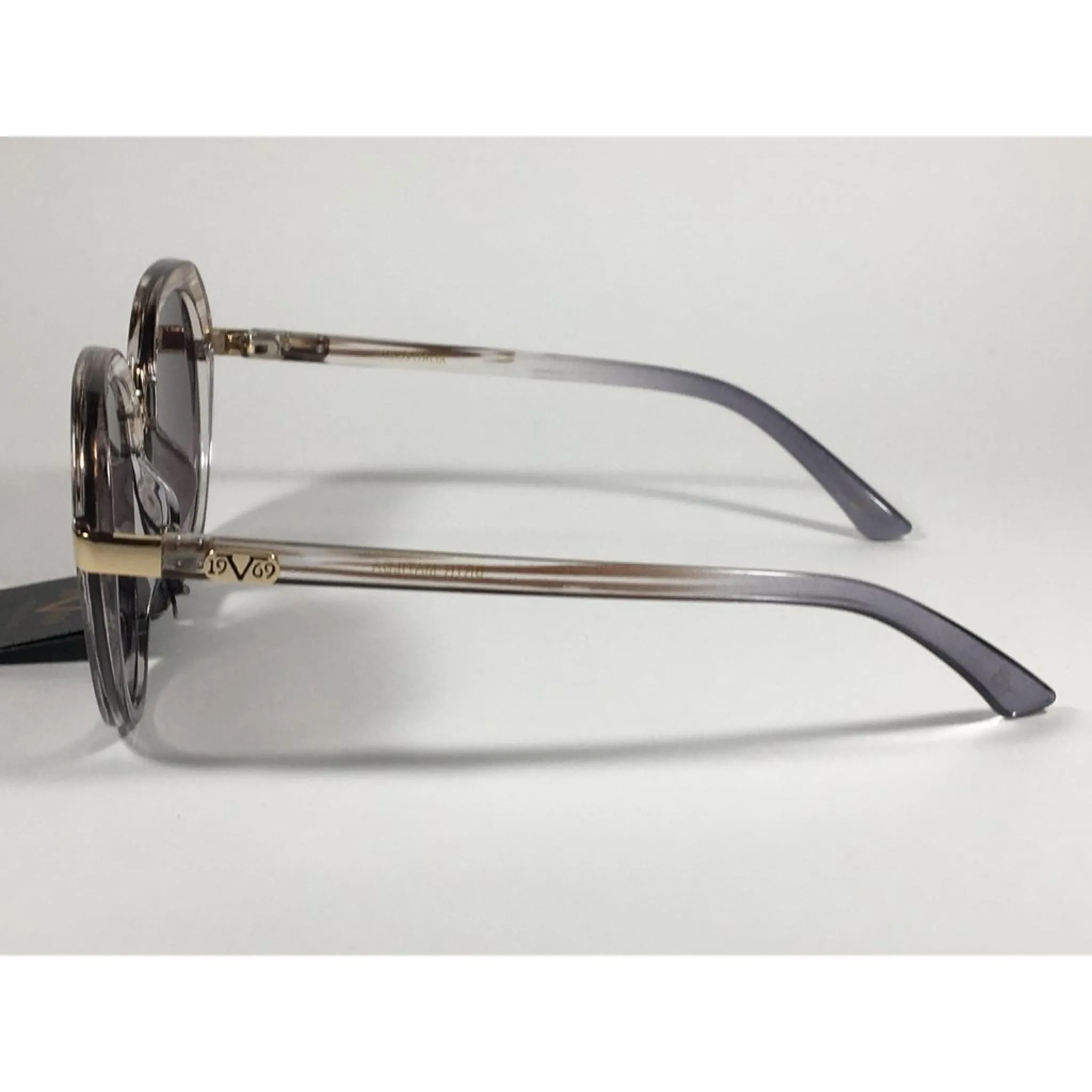Versace 19V69 Italia Matilda Round Sunglasses Gray Brown Clear Plastic Frame Smoke Gradient Lens