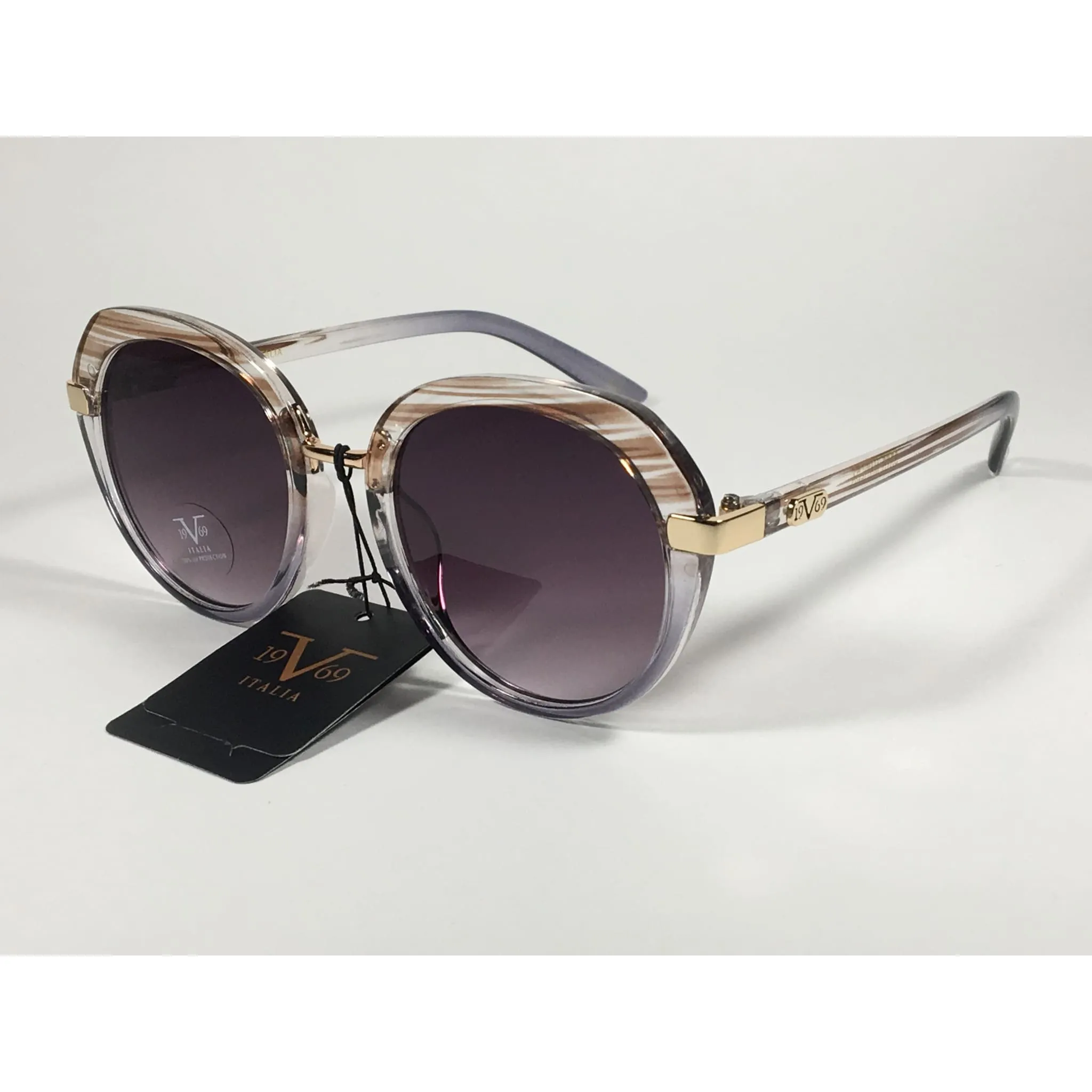 Versace 19V69 Italia Matilda Round Sunglasses Gray Brown Clear Plastic Frame Smoke Gradient Lens