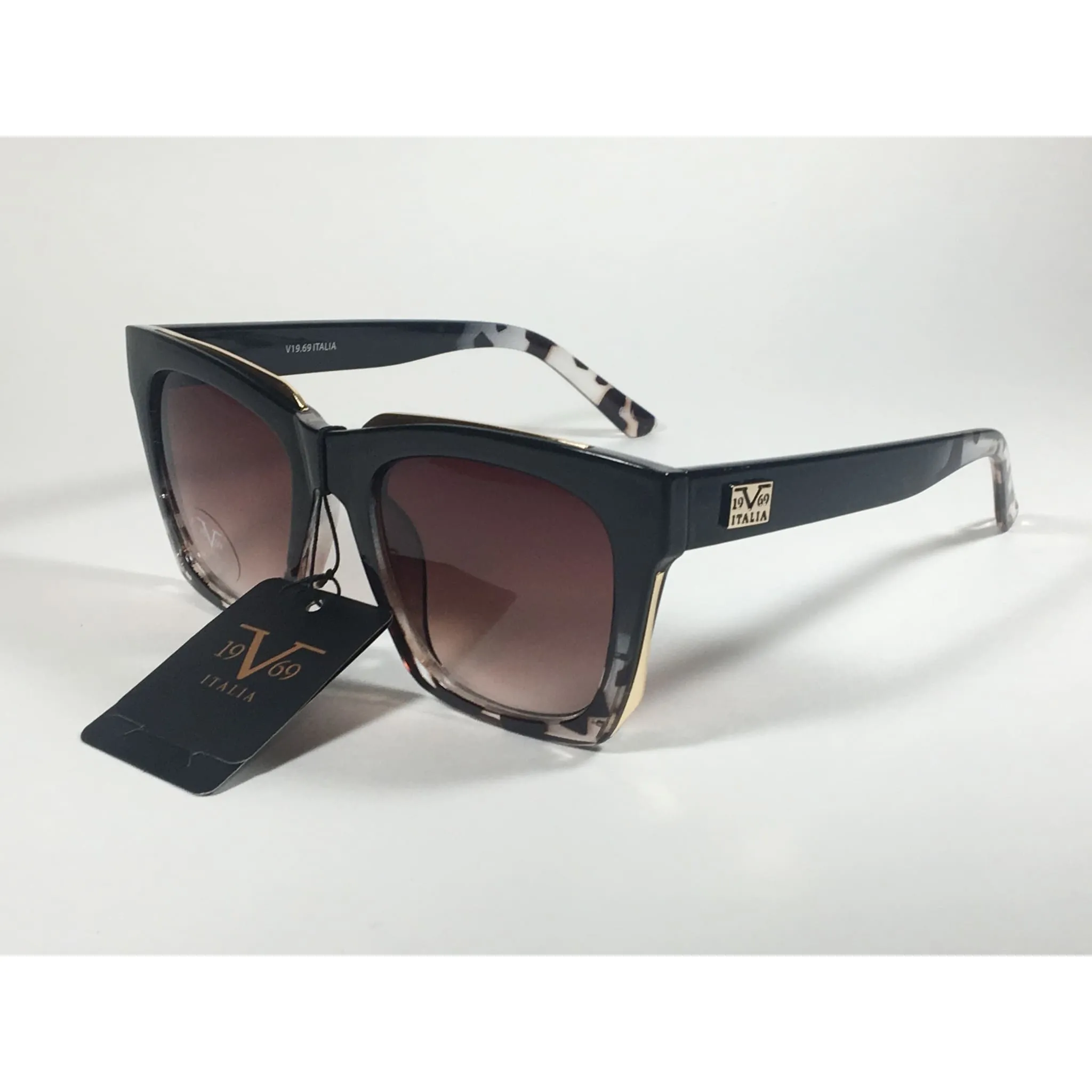 Versace 19V69 Italia Vittoria Large Square Sunglasses Black Tortoise Brown Gradient Lens
