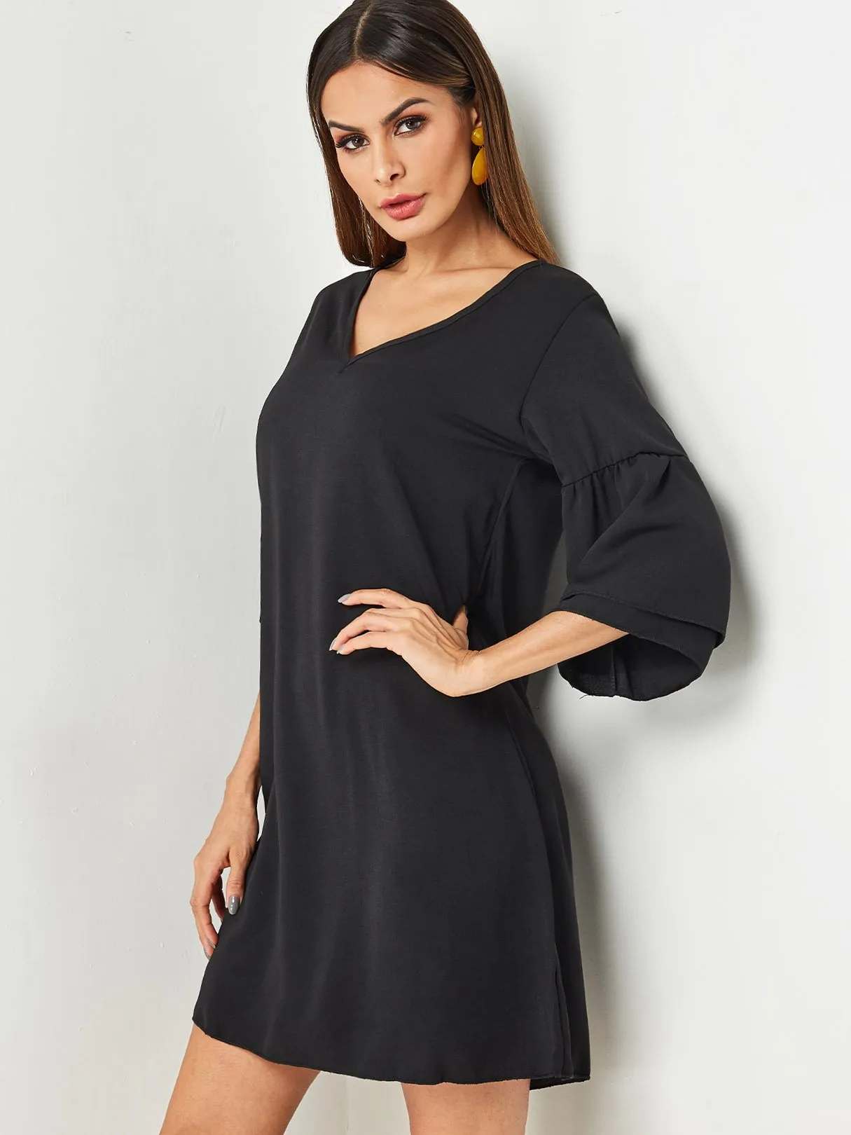 Wholesale Black V-Neck 3/4 Length Sleeve Dresses