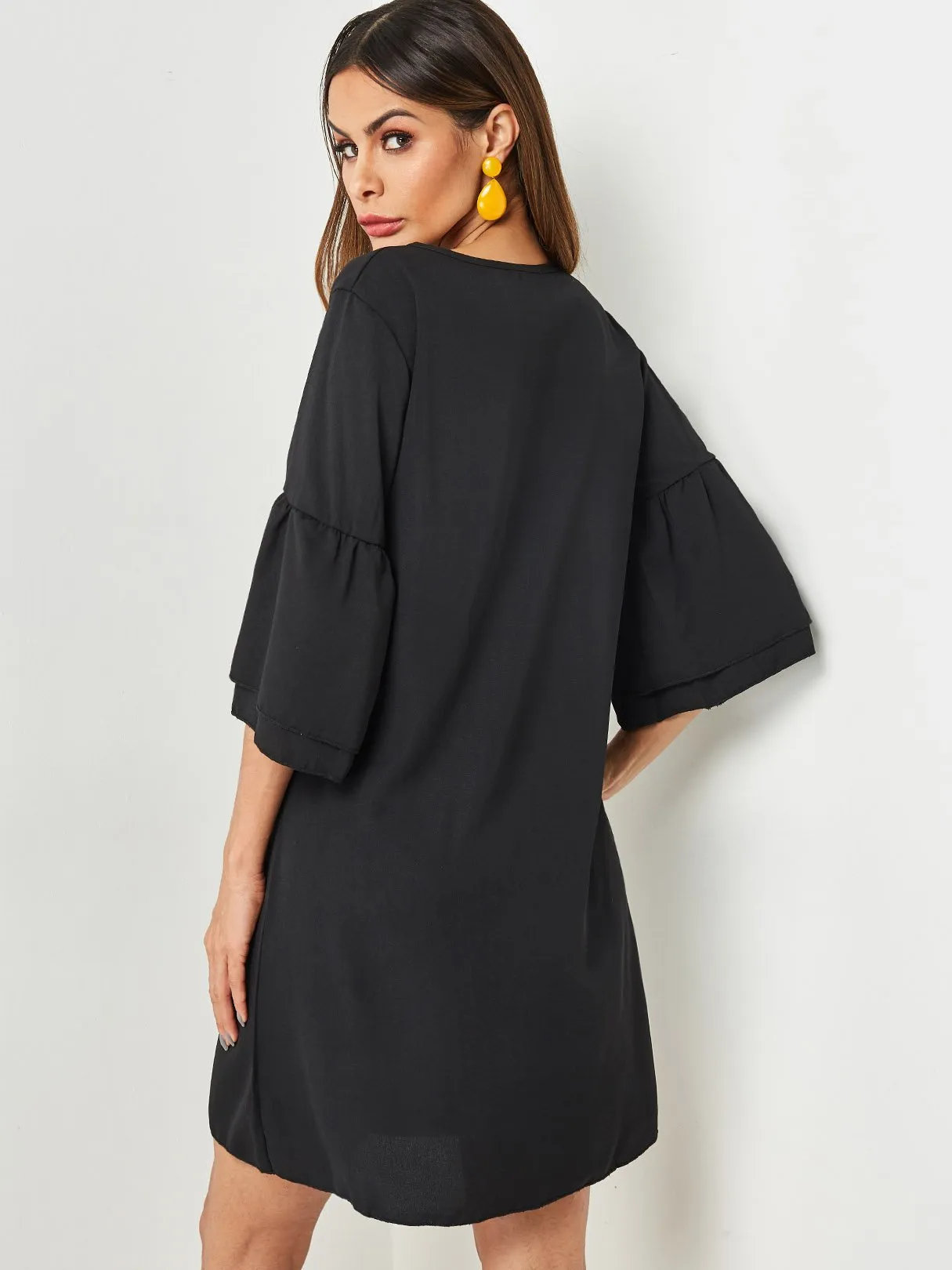 Wholesale Black V-Neck 3/4 Length Sleeve Dresses