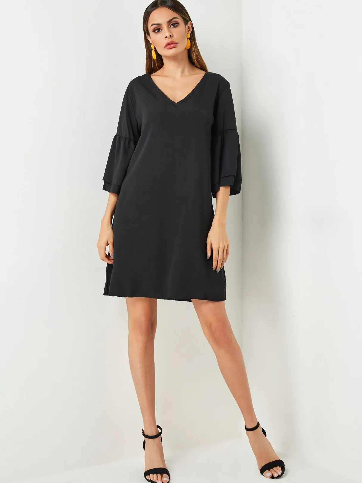 Wholesale Black V-Neck 3/4 Length Sleeve Dresses