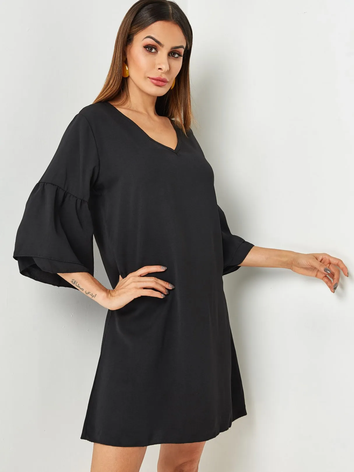 Wholesale Black V-Neck 3/4 Length Sleeve Dresses