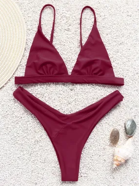 Wholesale Burgundy V-Neck Sleeveless Plain Two Piece Bikini