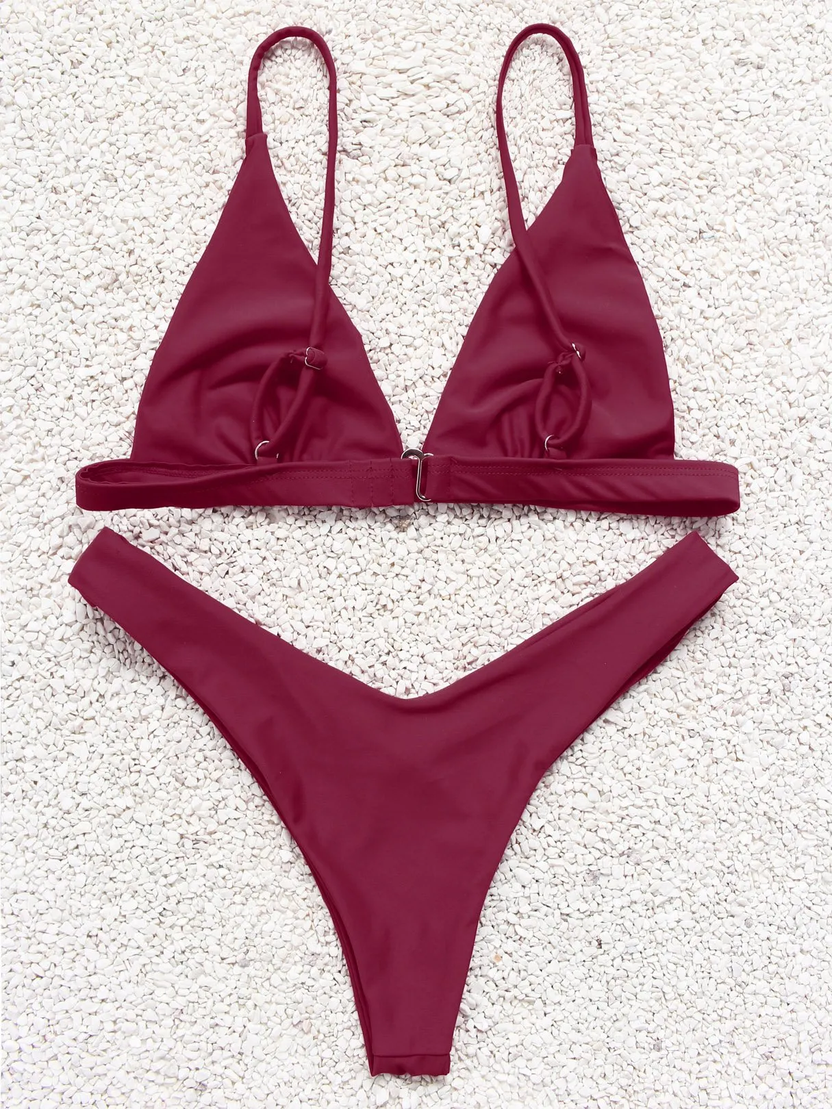 Wholesale Burgundy V-Neck Sleeveless Plain Two Piece Bikini