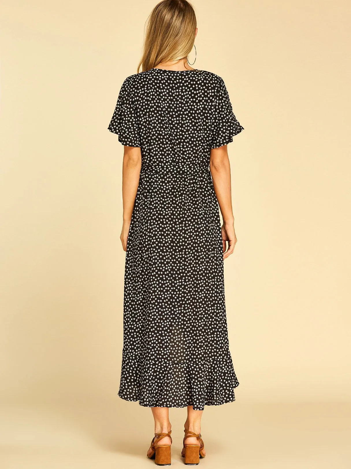 Wholesale Deep V Neck Short Sleeve Self-Tie Wrap Flounced Hem Dresses
