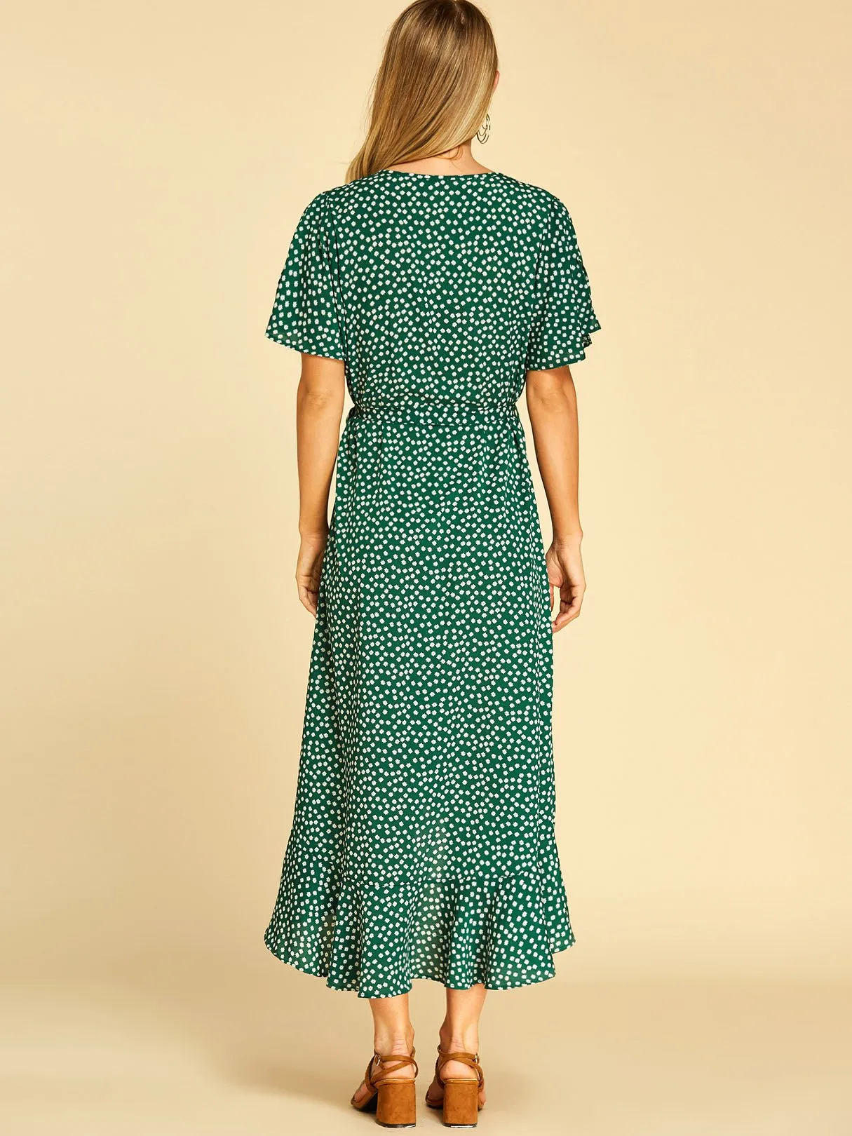 Wholesale Deep V Neck Short Sleeve Self-Tie Wrap Flounced Hem Dresses
