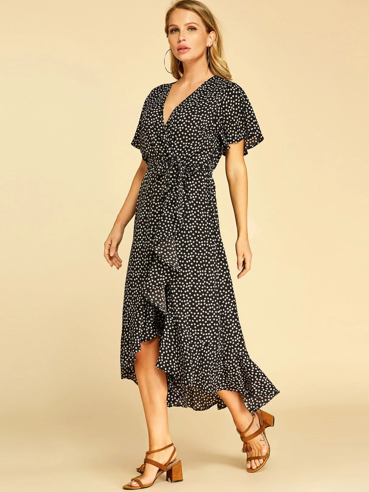 Wholesale Deep V Neck Short Sleeve Self-Tie Wrap Flounced Hem Dresses