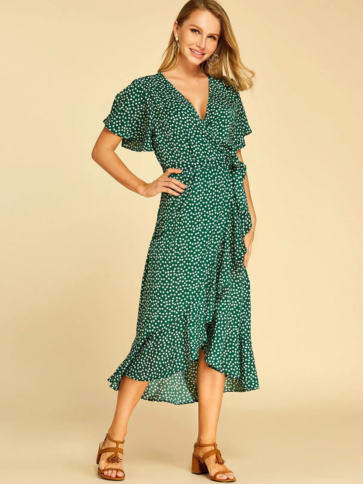 Wholesale Deep V Neck Short Sleeve Self-Tie Wrap Flounced Hem Dresses