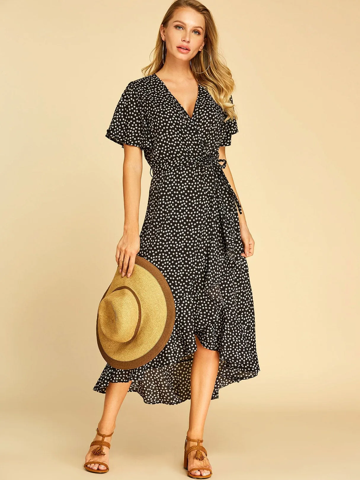 Wholesale Deep V Neck Short Sleeve Self-Tie Wrap Flounced Hem Dresses