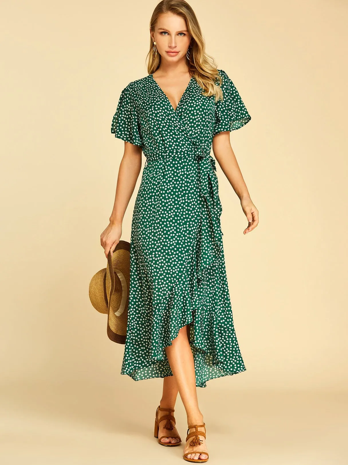 Wholesale Deep V Neck Short Sleeve Self-Tie Wrap Flounced Hem Dresses