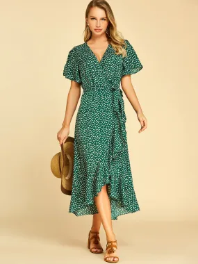 Wholesale Deep V Neck Short Sleeve Self-Tie Wrap Flounced Hem Dresses
