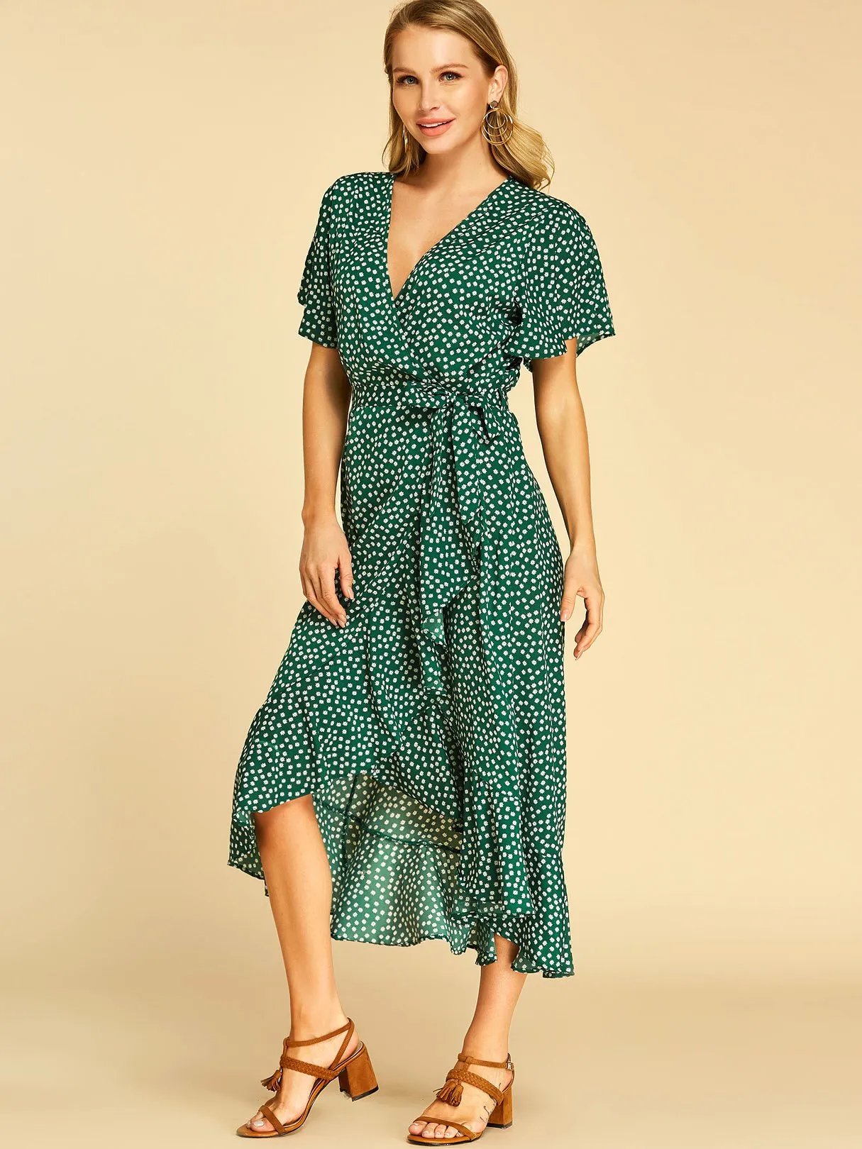 Wholesale Deep V Neck Short Sleeve Self-Tie Wrap Flounced Hem Dresses