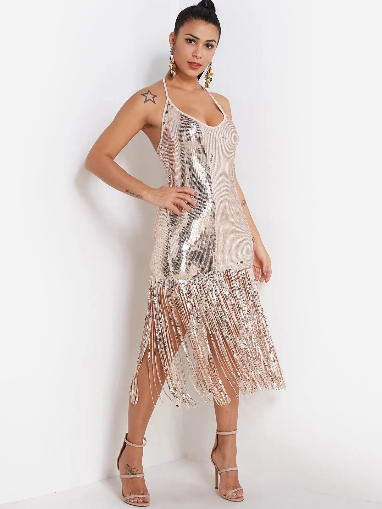 Wholesale Gold V-Neck Sleeveless Tassel Backless Sequins Embellished Tassel Hem Dresses