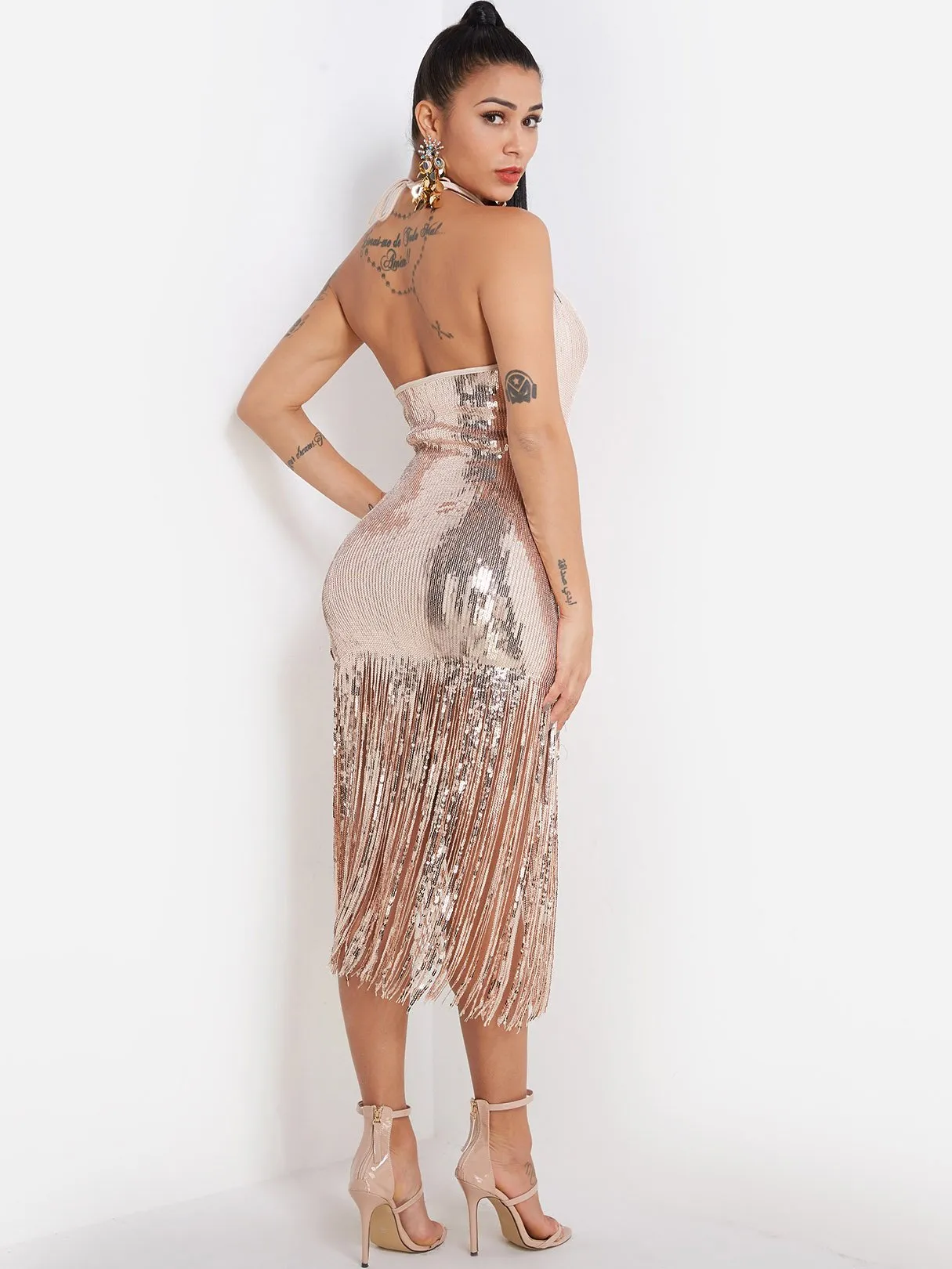 Wholesale Gold V-Neck Sleeveless Tassel Backless Sequins Embellished Tassel Hem Dresses