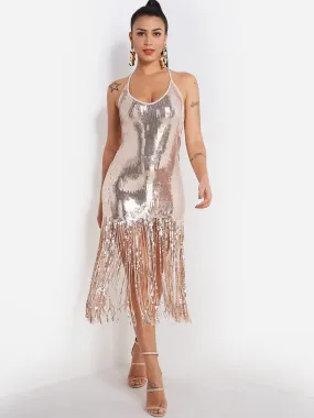 Wholesale Gold V-Neck Sleeveless Tassel Backless Sequins Embellished Tassel Hem Dresses