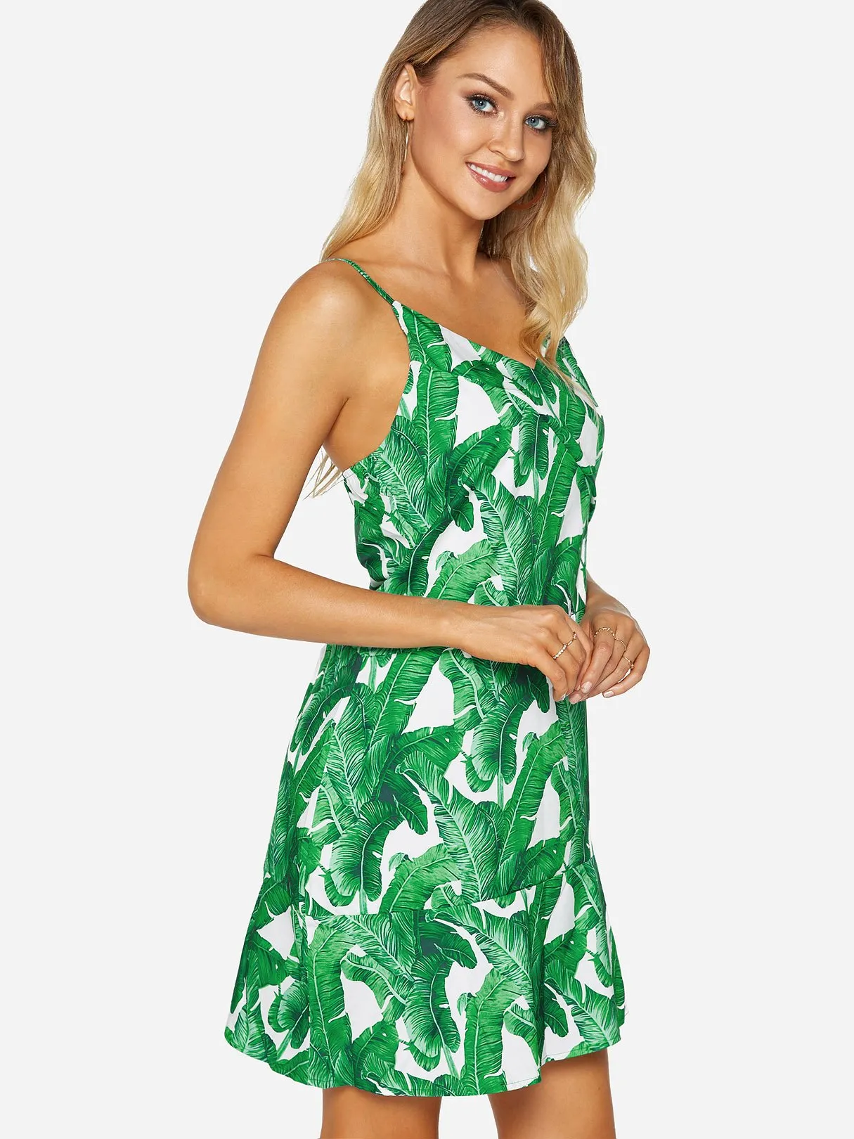 Wholesale Green V-Neck Sleeveless Floral Print Backless Spaghetti Strap Flounced Hem Dresses