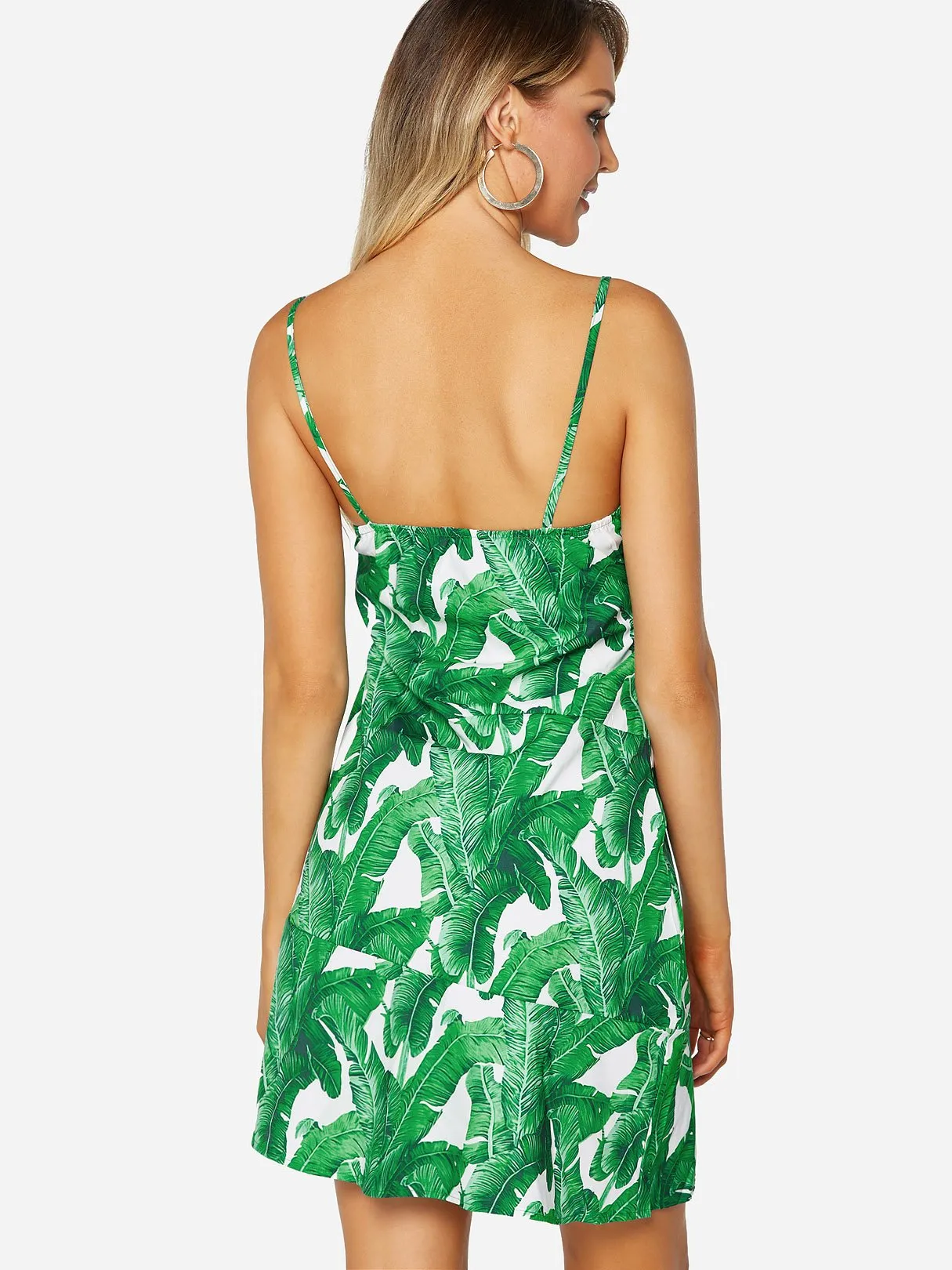 Wholesale Green V-Neck Sleeveless Floral Print Backless Spaghetti Strap Flounced Hem Dresses