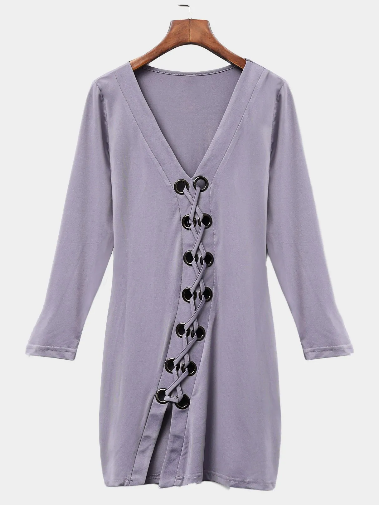 Wholesale Grey V-Neck Long Sleeve Lace-Up Bodycon Dresses