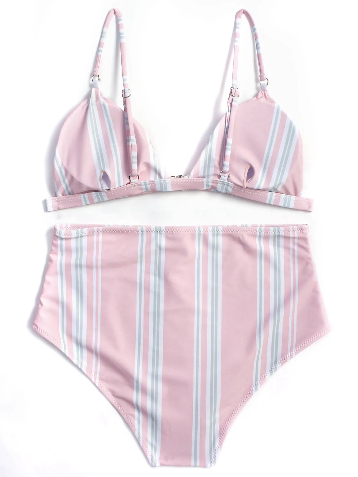 Wholesale Pink V-Neck Sleeveless Stripe Spaghetti Strap High Waist 2 Piece Bikinis