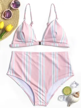 Wholesale Pink V-Neck Sleeveless Stripe Spaghetti Strap High Waist 2 Piece Bikinis