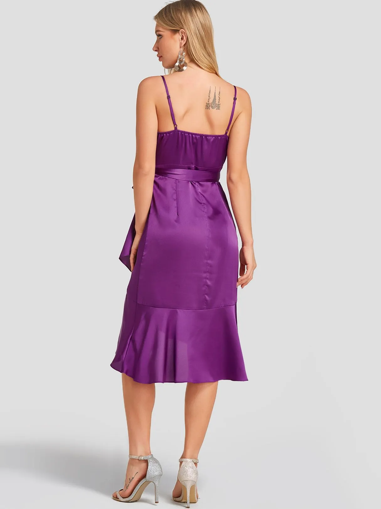Wholesale Purple Deep V Neck Sleeveless Self-Tie Flounced Hem Dresses