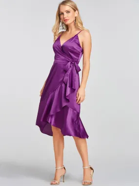 Wholesale Purple Deep V Neck Sleeveless Self-Tie Flounced Hem Dresses