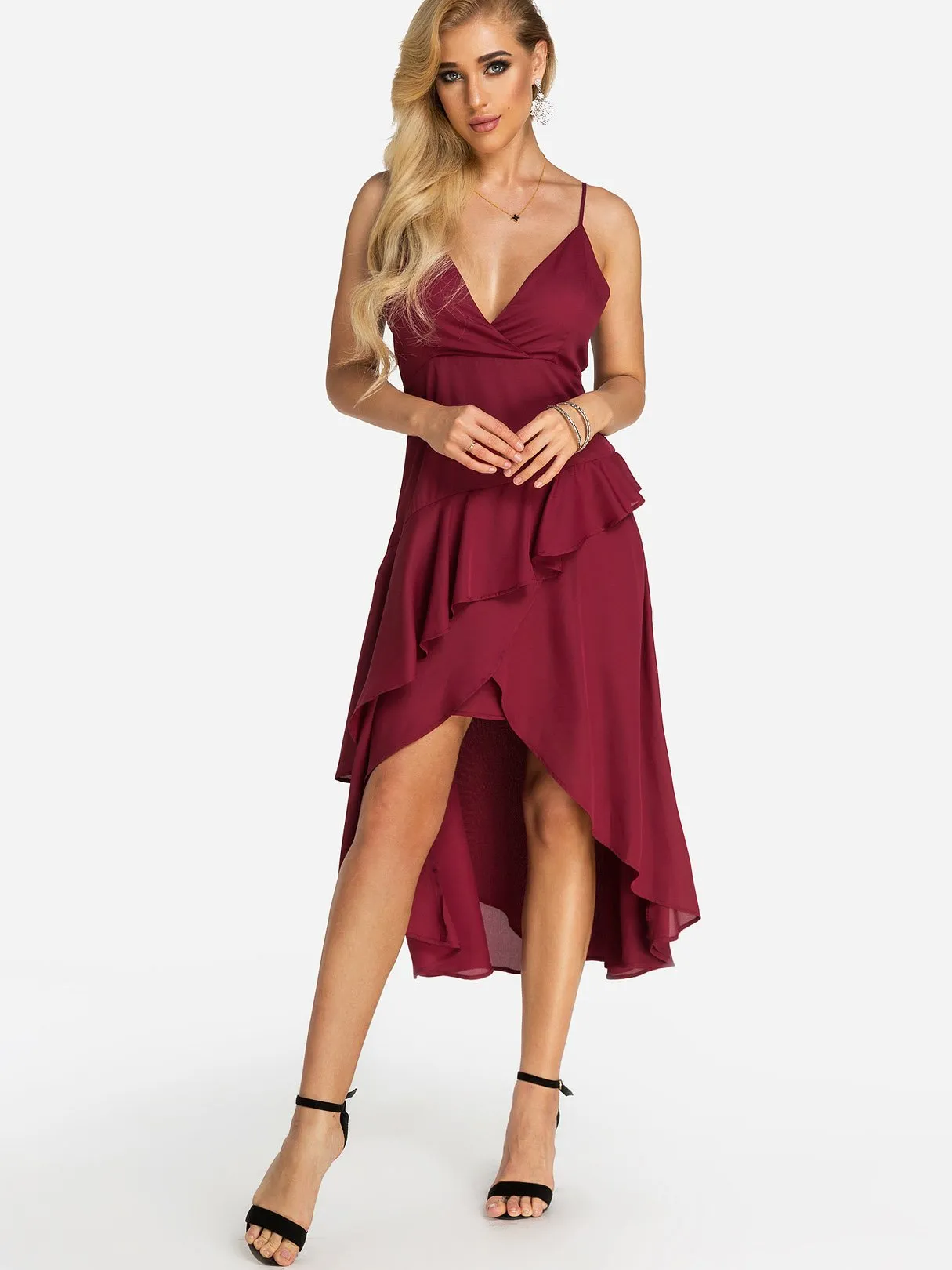 Wholesale Red V-Neck Sleeveless Backless Spaghetti Strap Wrap Irregular Hem Dresses