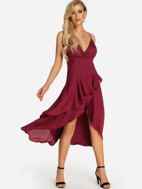 Wholesale Red V-Neck Sleeveless Backless Spaghetti Strap Wrap Irregular Hem Dresses
