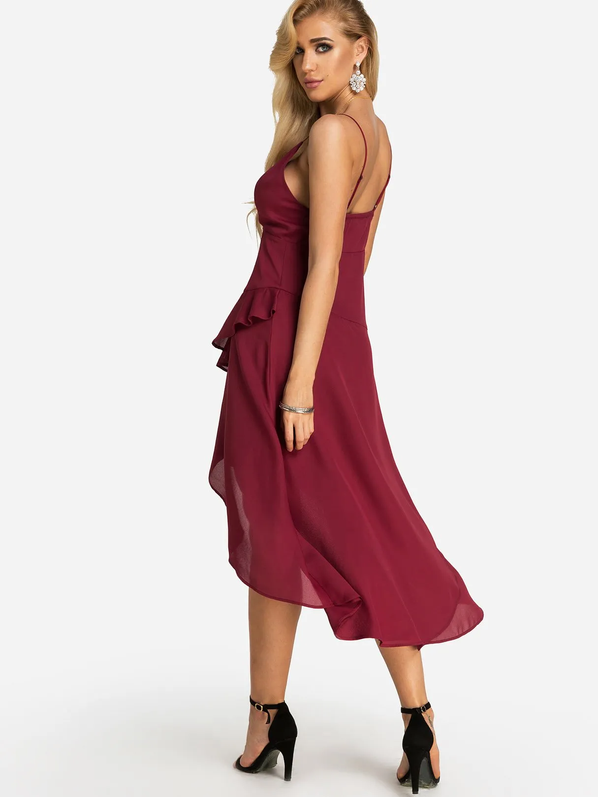 Wholesale Red V-Neck Sleeveless Backless Spaghetti Strap Wrap Irregular Hem Dresses
