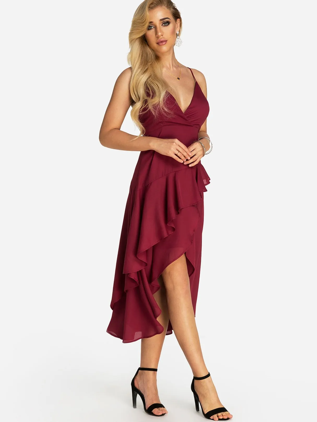 Wholesale Red V-Neck Sleeveless Backless Spaghetti Strap Wrap Irregular Hem Dresses
