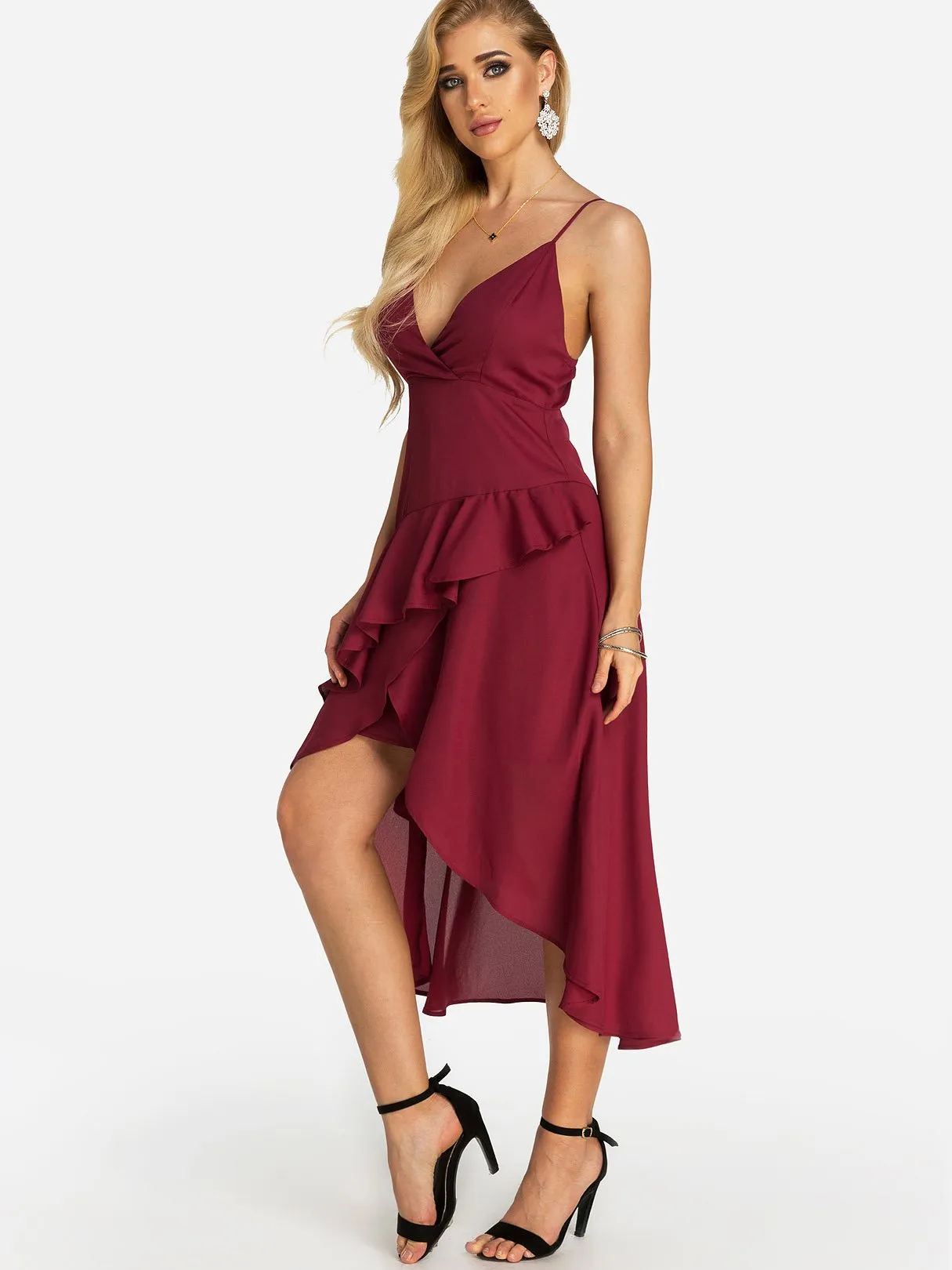 Wholesale Red V-Neck Sleeveless Backless Spaghetti Strap Wrap Irregular Hem Dresses
