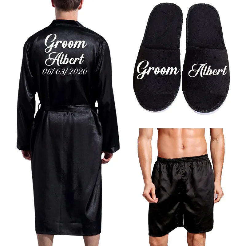 Wjczt Groom Robe Emulation Silk Soft Home Bathrobe Nightgown For Men Kimono Customized Name and Date Personalized for Wedding Party