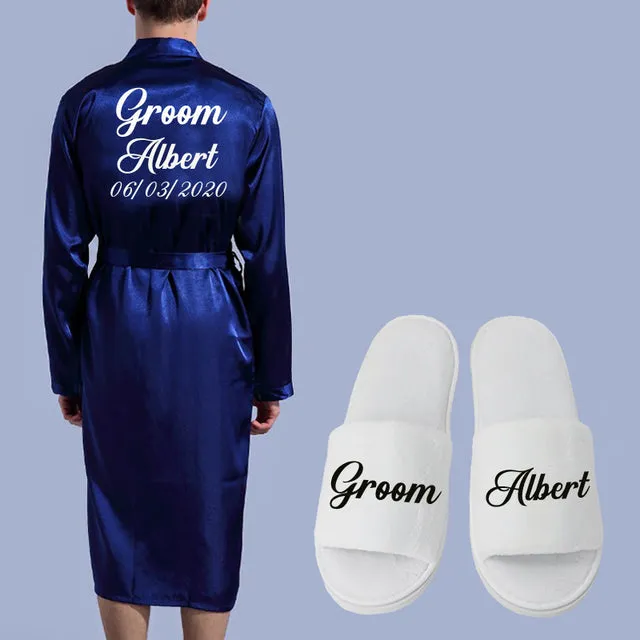 Wjczt Groom Robe Emulation Silk Soft Home Bathrobe Nightgown For Men Kimono Customized Name and Date Personalized for Wedding Party