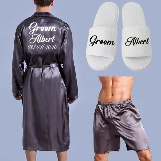 Wjczt Groom Robe Emulation Silk Soft Home Bathrobe Nightgown For Men Kimono Customized Name and Date Personalized for Wedding Party