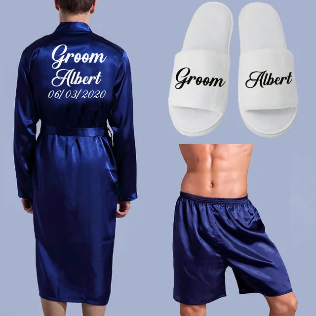 Wjczt Groom Robe Emulation Silk Soft Home Bathrobe Nightgown For Men Kimono Customized Name and Date Personalized for Wedding Party