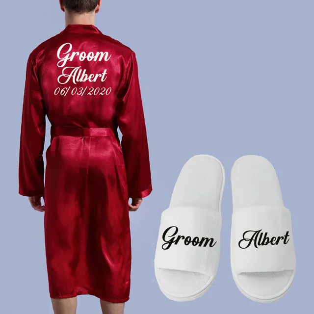 Wjczt Groom Robe Emulation Silk Soft Home Bathrobe Nightgown For Men Kimono Customized Name and Date Personalized for Wedding Party