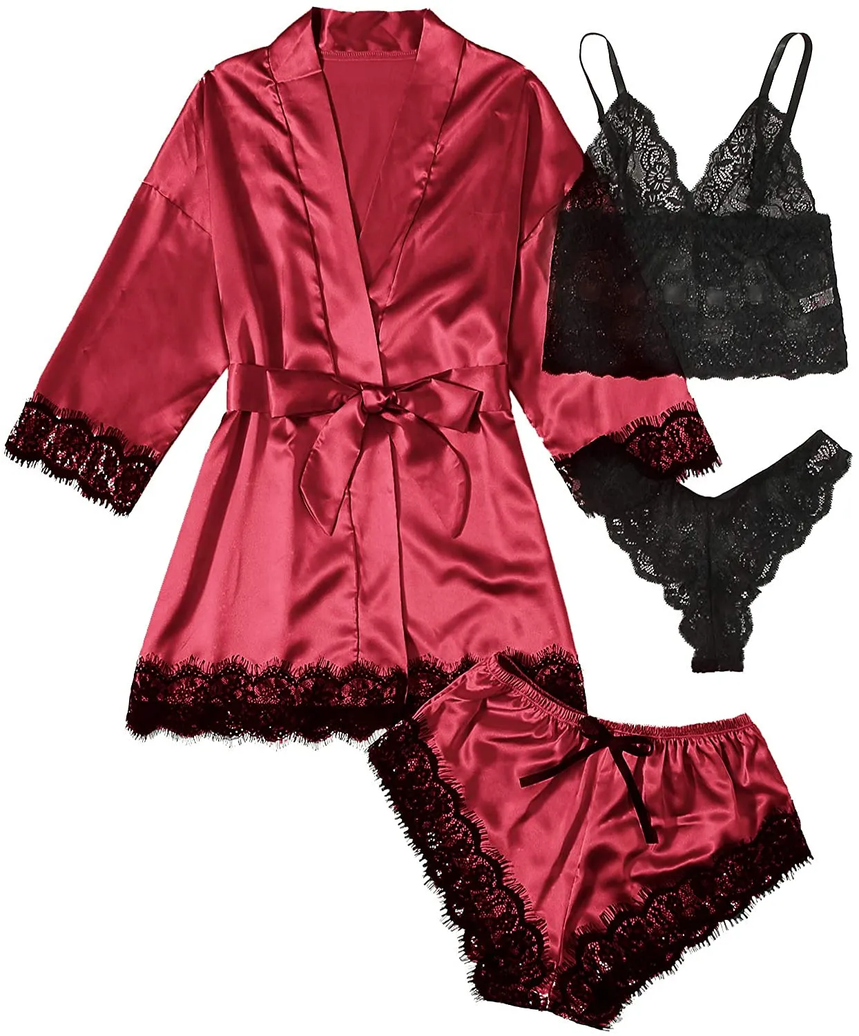 Woman Summer Pyjamas Elegant Lace Bra & Panty & Nightgown & Shorts Loungewear 4-in-1 Set